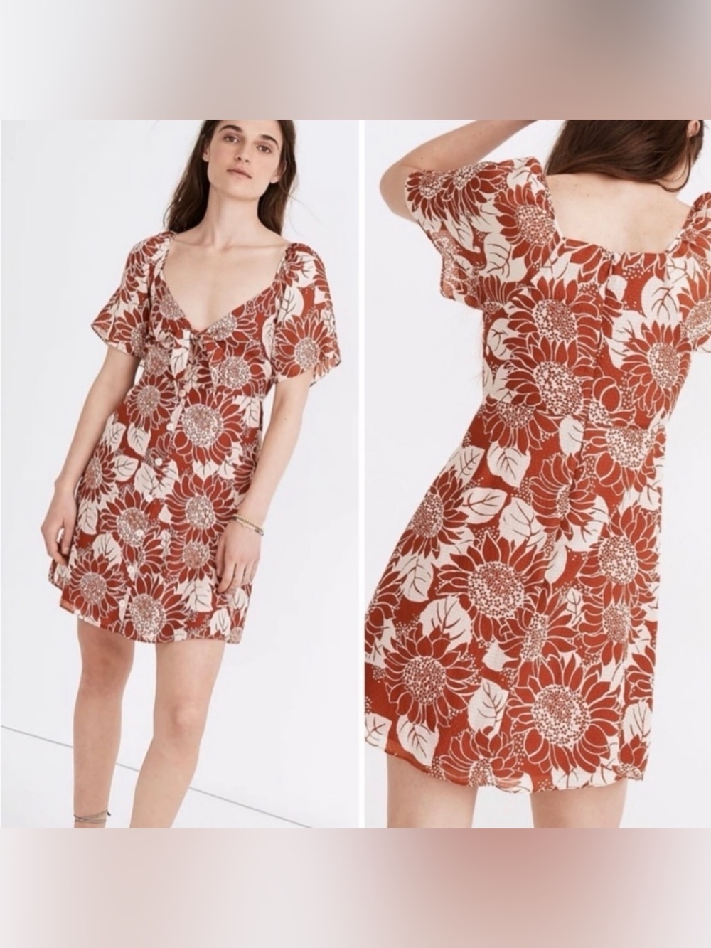 Madewell Rust and Cream Floral Tie-Front Dress